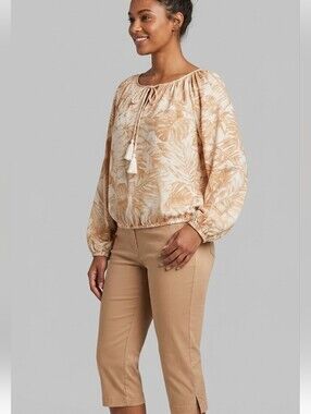 Cato Beige Tropical Blouse with Tassels
